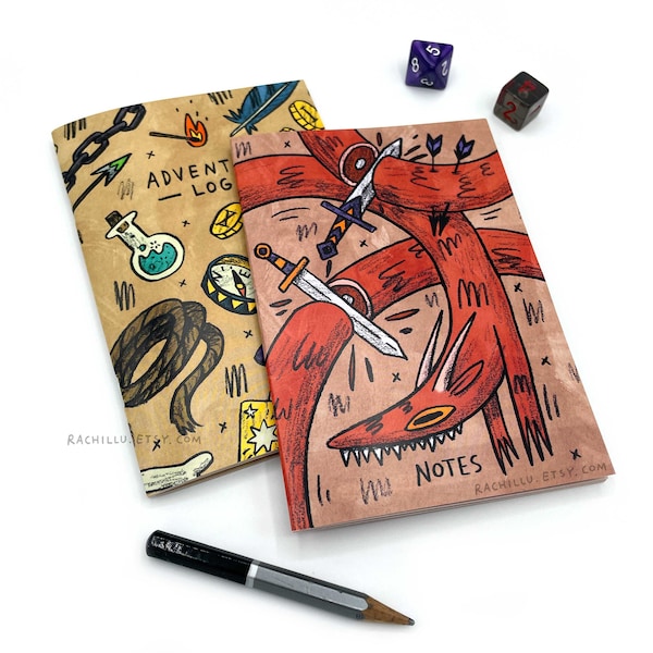 Fantasy notebook set - two A6 jotters, lined and blank - adventure log and dragon journal, cute dnd campaign book, dm gift, unique fun art