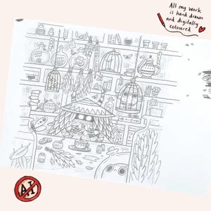 Pu&ograve; includere: Disegno a matita dettagliato di un interno di negozio stravagante. La scena comprende scaffali con bottiglie, gabbie con uccelli e un personaggio con un cappello. Il testo "All my work is hand drawn and digitally coloured" &egrave; visibile.