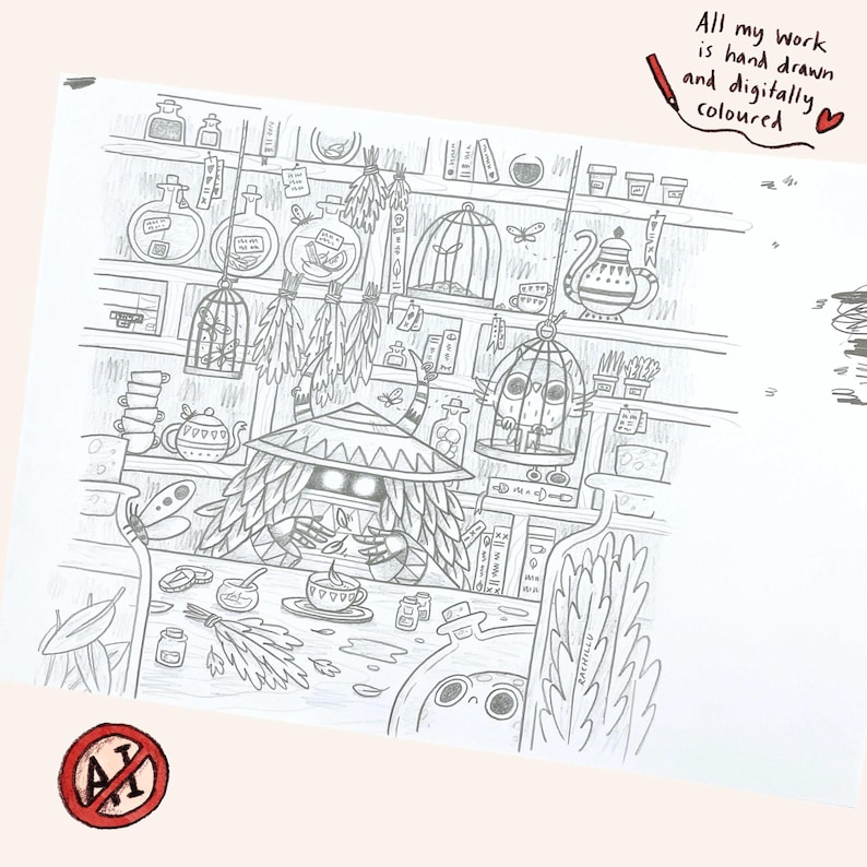 Pu&ograve; includere: Disegno a matita dettagliato di un interno di negozio stravagante. La scena comprende scaffali con bottiglie, gabbie con uccelli e un personaggio con un cappello. Il testo "All my work is hand drawn and digitally coloured" &egrave; visibile.