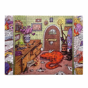 May include: A completed jigsaw puzzle depicting a whimsical interior scene. A red dragon lies on the floor near a wooden desk and door. The room is filled with scattered papers and framed pictures. The text "MAYOR TURNS INTO SLUG!" is visible.