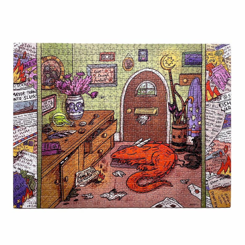 May include: A completed jigsaw puzzle depicting a whimsical interior scene. A red dragon lies on the floor near a wooden desk and door. The room is filled with scattered papers and framed pictures. The text "MAYOR TURNS INTO SLUG!" is visible.