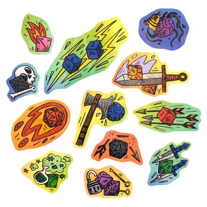 May include: A collection of colorful, hand-drawn stickers featuring dice and fantasy-themed elements. Designs include a skull, axe, sword, arrows, potion, and a meteor with a twenty-sided die. The stickers are outlined in black and set against a white background.
