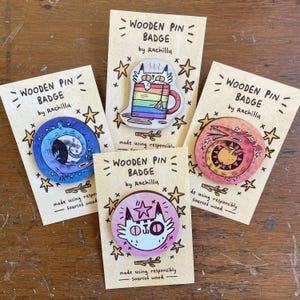 CLEARANCE 4 PACK Wooden Pin Badges, large 40mm circular brooch, cute fun wearable fantasy art, eco sustainable wood, illustration lover gift