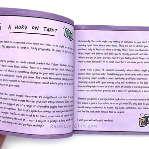 May include: A purple and white book with the title "A Word on Tarot" and text about tarot card readings. The book has a hand-drawn illustration of tarot cards on the cover.