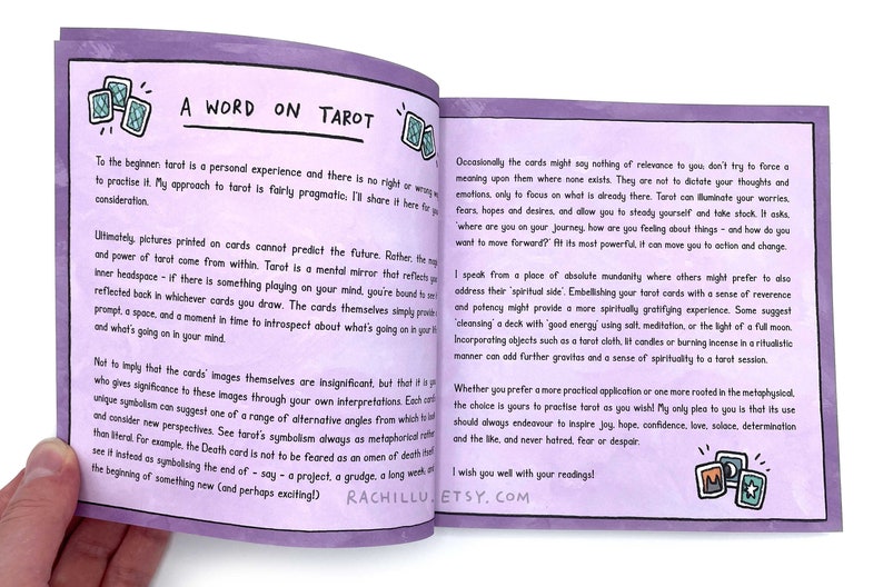 May include: A purple and white book with the title "A Word on Tarot" and text about tarot card readings. The book has a hand-drawn illustration of tarot cards on the cover.