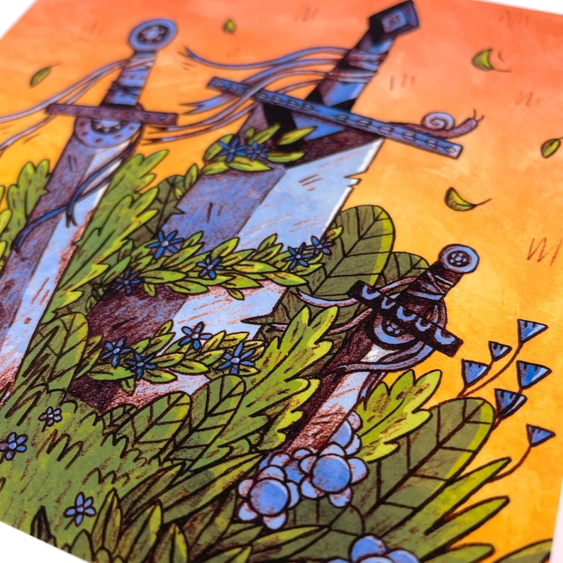 May include: An illustration featuring three swords with blue hilts and blades, set amongst green foliage and blue flowers. A snail is depicted on one sword. The background is a gradient of orange and yellow.