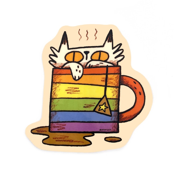 Rainbow Mug Cat Vinyl Sticker, Holographic option, Tea Lover Gift, Queer LGBT Pride Art