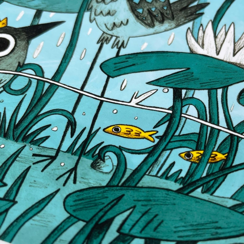 May include: An illustration of an underwater scene with yellow fish, green lily pads, and tall green plants. The background is a light blue with white rain drops. Two birds are visible at the top of the image.