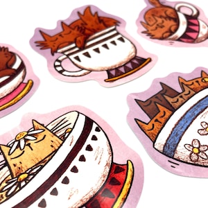 Ensemble d'autocollants Teacup Cats, cinq petits autocollants mignons de chats amateurs de thé, parfaits pour des journaux, des décalcomanies de bouteille d'eau et d'ordinateur portable, cadeau pour la dame de chat