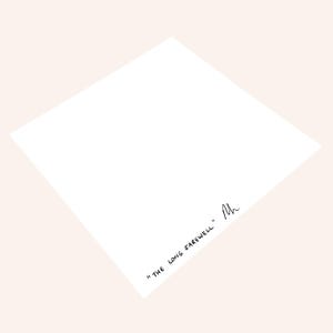 May include: A white, square card featuring the text "THE LONG FAREWELL" in black script. The card is angled, with a signature in the lower right corner. The background is a soft, peachy-pink colour.