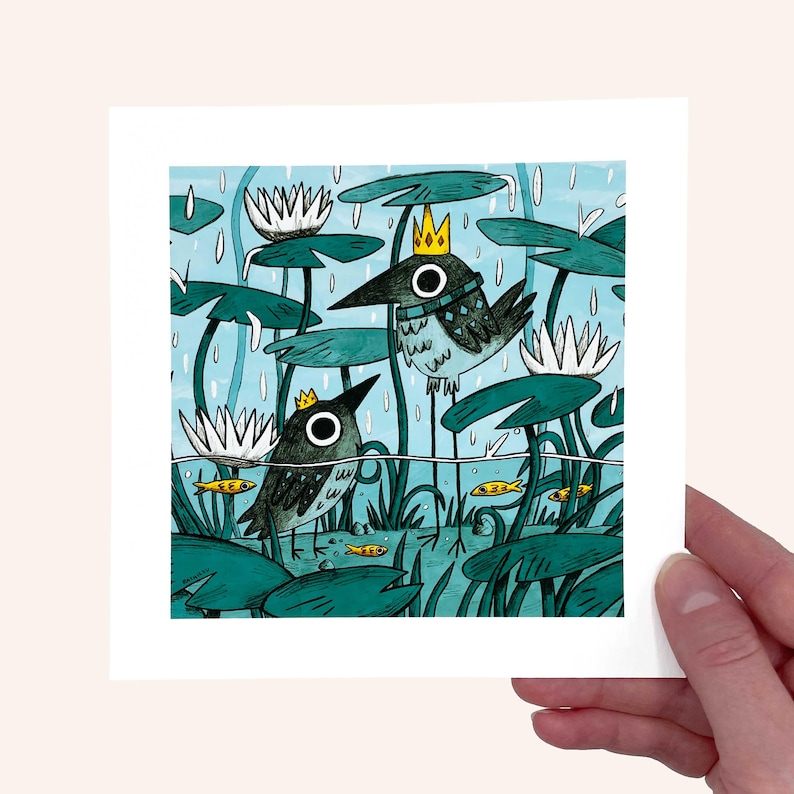 May include: Illustration of two cartoon birds wearing crowns, in a pond with lily pads and fish. The birds have large, round eyes and are surrounded by raindrops. The artwork is in a square format.