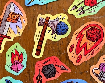 Polyedrisches Würfel-Aufkleberpaket, 10 Regenbogen-Aufkleber, perfekt für die Dekoration Ihres Fantasy-Kampagnen-Tagebuchs, Geschenk für DND-Spieler