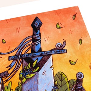 May include: A watercolour illustration of a sword with a blue and black hilt, decorated with blue ribbons. A snail crawls along the sword's edge. The background is an orange and yellow gradient, with green leaves scattered.