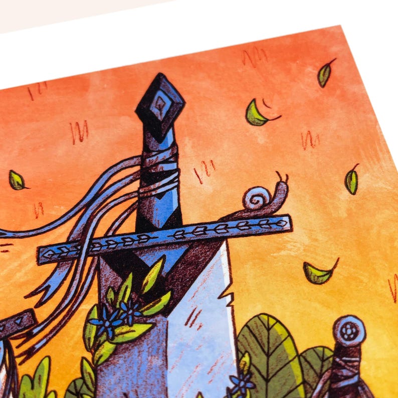 May include: A watercolour illustration of a sword with a blue and black hilt, decorated with blue ribbons. A snail crawls along the sword's edge. The background is an orange and yellow gradient, with green leaves scattered.