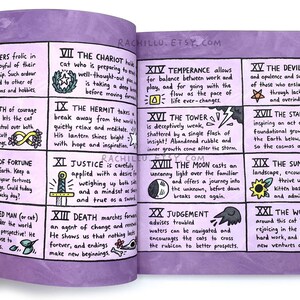 May include: A purple and white illustrated guide to tarot cards featuring cats. The cards are numbered 6 through 21 and each card has a cat-themed illustration and a description of the card's meaning. The guide is perfect for cat lovers and tarot enthusiasts.