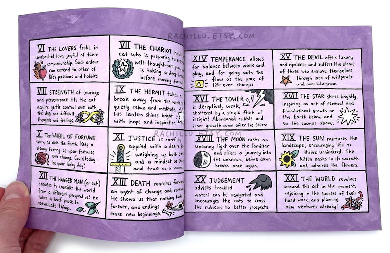 May include: A purple and white illustrated guide to tarot cards featuring cats. The cards are numbered 6 through 21 and each card has a cat-themed illustration and a description of the card's meaning. The guide is perfect for cat lovers and tarot enthusiasts.