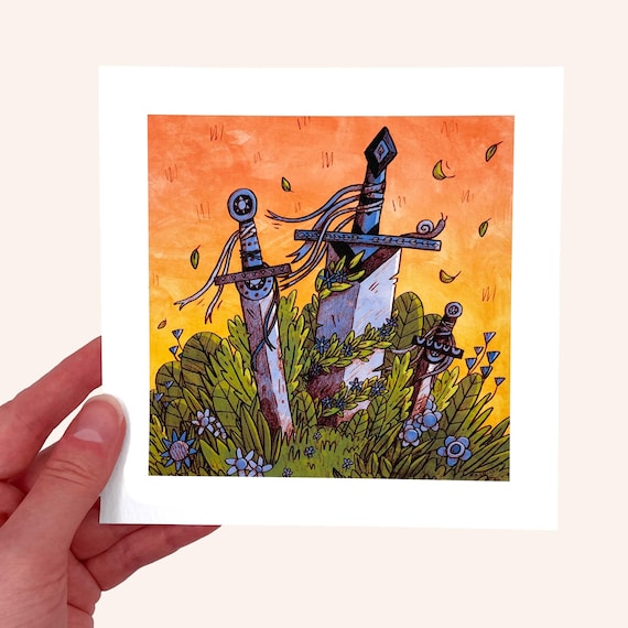 Fantasy Swords Art Print, small square illustration, game campaign end gift