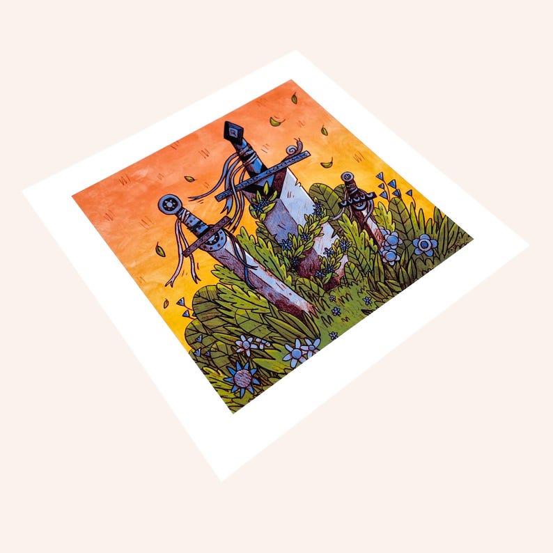 May include: Watercolour illustration of three swords partially buried in lush green foliage with blue flowers. The swords have ornate hilts and are adorned with ribbons. The background features an orange and yellow sunset.
