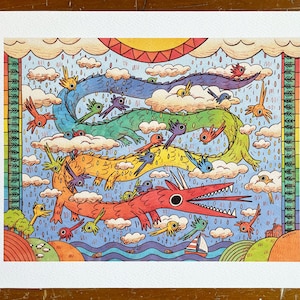 Stampa artistica di un drago arcobaleno, illustrazione di un simpatico drago con uccelli colorati, decorazione originale, regalo per gli amanti dell'arte.