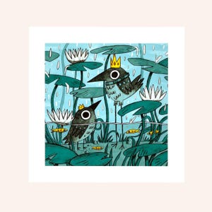 May include: An illustrated print featuring two birds wearing crowns, set in a pond with lily pads and white flowers. Rain falls from a light blue sky. Small yellow fish swim in the water. The birds have large, round eyes.