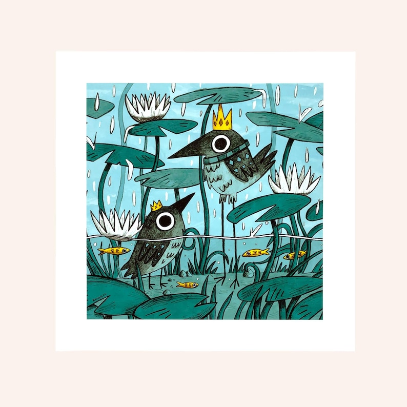 May include: An illustrated print featuring two birds wearing crowns, set in a pond with lily pads and white flowers. Rain falls from a light blue sky. Small yellow fish swim in the water. The birds have large, round eyes.