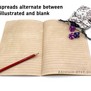 May include: An open notebook with lined pages, a red pencil, and a dice bag with purple and blue dice. The notebook has the text "RACHILLU. ETSY.COM" printed on the bottom right corner. The text "page spreads alternate between illustrated and blank" is printed above the notebook.