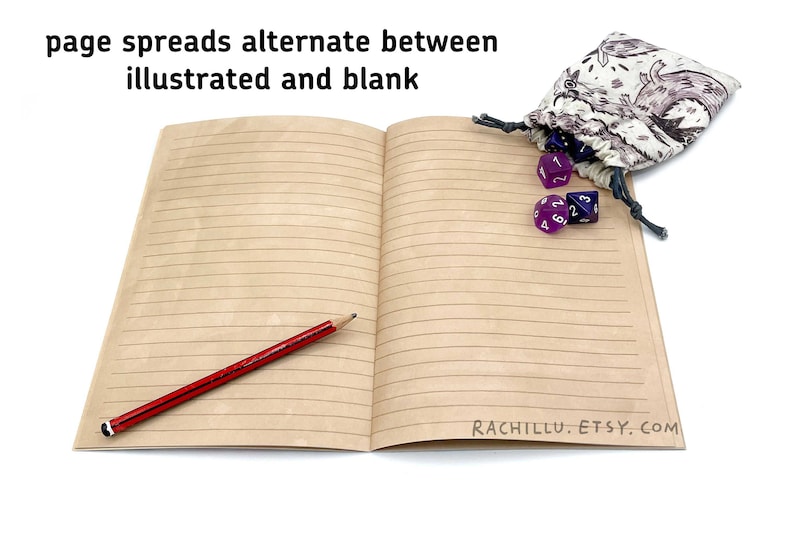 May include: An open notebook with lined pages, a red pencil, and a dice bag with purple and blue dice. The notebook has the text "RACHILLU. ETSY.COM" printed on the bottom right corner. The text "page spreads alternate between illustrated and blank" is printed above the notebook.