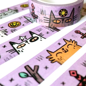 Cinta washi de gatos adorables, divertida decoración de diario rosa y morado, perfecta para álbumes de recortes, regalo para amantes del tarot.