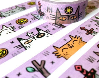 Ruban adhésif washi tarot chat, 10 m de long et 15 mm de large, ruban adhésif en papier écologique amusant et réutilisable, chat mignon washi, fournitures de scrapbooking, décoration de journal intime, ruban de masquage