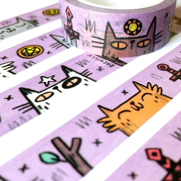 Cat Tarot Washi Tape, 10m long 15mm wide reuseable fun eco paper tape, cute cat washi, scrapbook supplies, journal decoration, masking tape