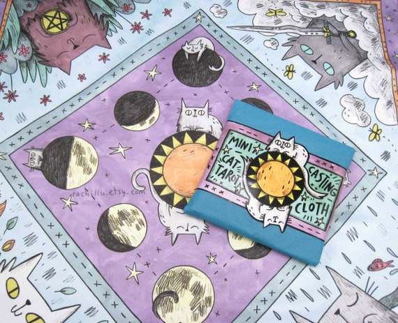 Cat Tarot Cloth for card reading and divination, quirky witchy cat lover gift and cute altar decor, silk fabric