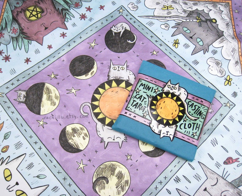 Cat Tarot Cloth for card reading and divination, quirky witchy cat lover gift and cute altar decor, silk fabric 