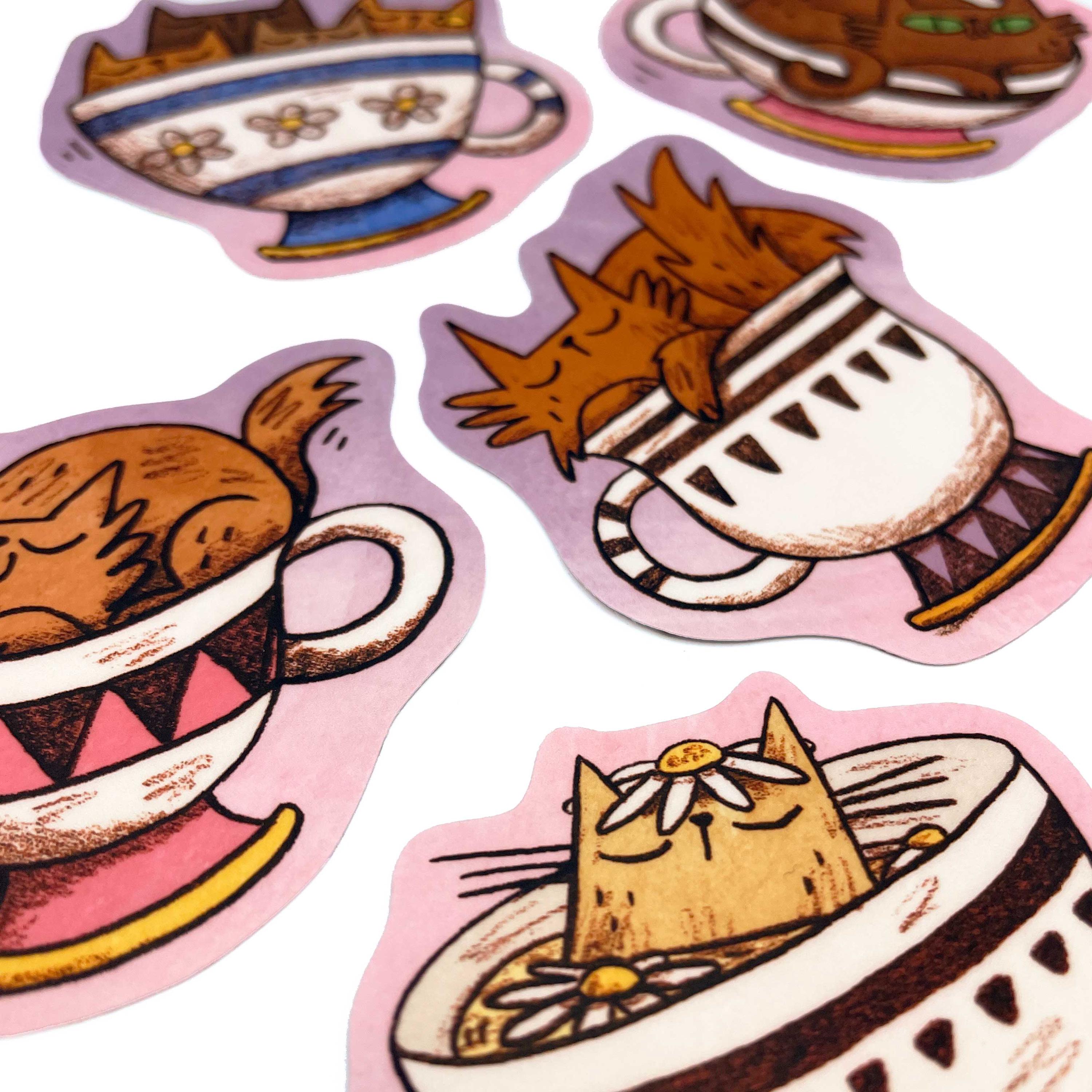 Teacup Cats Sticker Set, Cozy Feline Art, Matte Laminated Vinyl ...