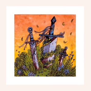 May include: An illustration featuring three swords partially buried in green foliage with blue flowers. The swords have decorative hilts and ribbons. A snail is on one sword. The background is an orange and yellow gradient.