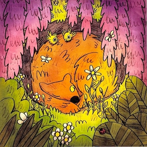 Spring Bear animal art print,  cute illustration of cosy forest scene