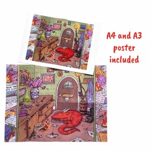 May include: Two art prints featuring a whimsical illustration of a room with a red dragon on the floor. The room has a wooden desk, a door, and is covered in newspaper clippings. The text "Live, Laugh, Fireball" is visible. A4 and A3 poster included.