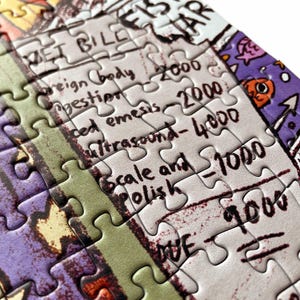 May include: A partially assembled jigsaw puzzle with pieces displaying handwritten text and numbers. The text includes "MET BILL", "foreign body", "ultrasound", and "Scale and Polish". The puzzle has a white background with colorful accents.