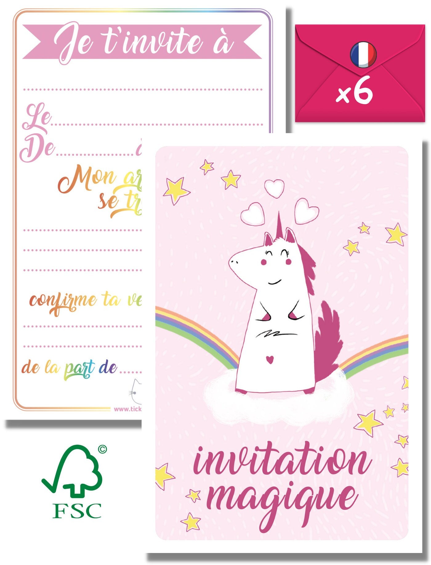 8 cartes d'invitation licorne - Anniversaire licorne