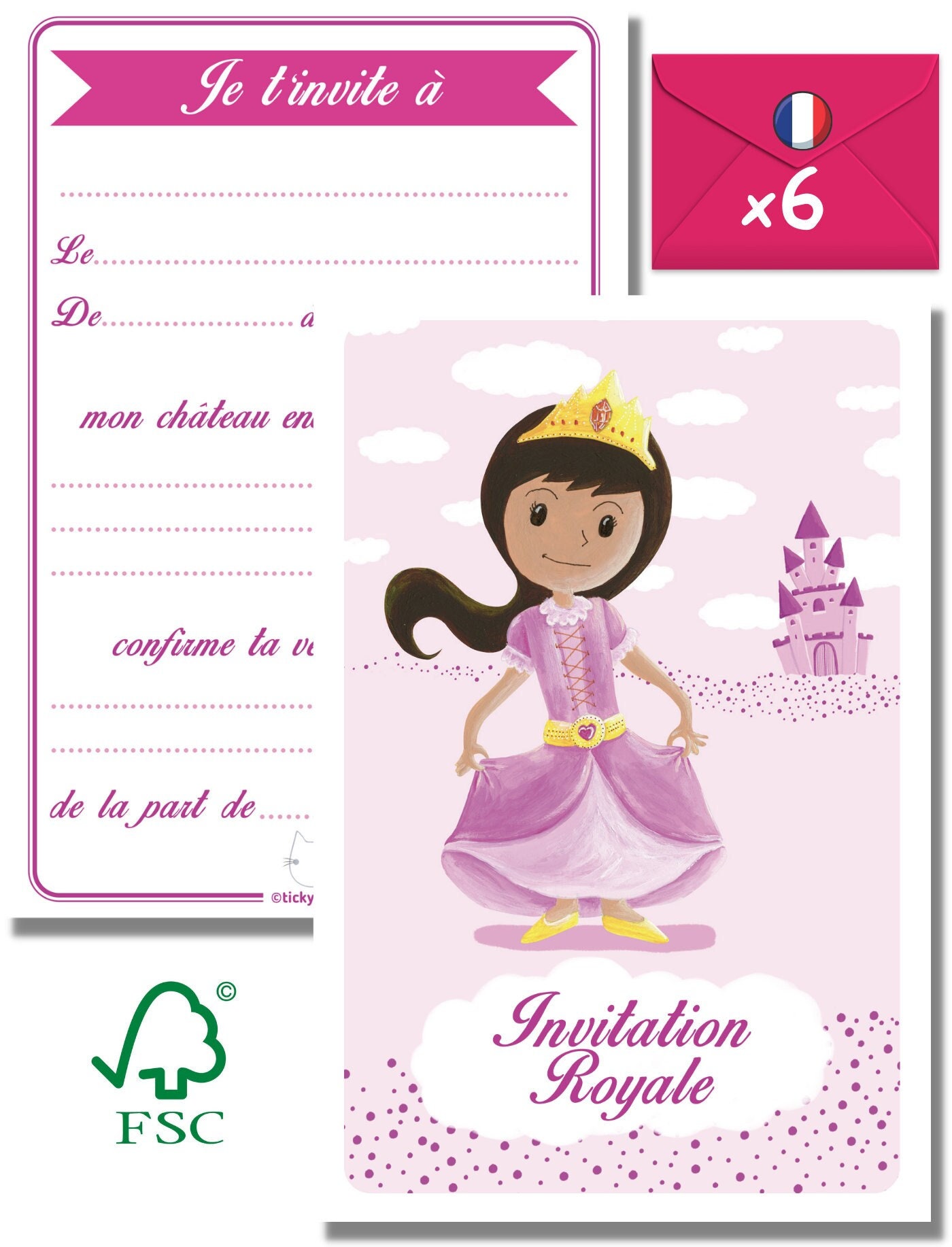 8 cartes d'invitation thème princesse - anniversaire filles