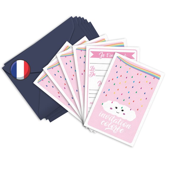 8 Invitations thème licorne et 8 enveloppes de couleur - Fête de filles