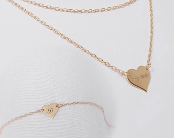 Birthday gift for women personalized - Engraved jewelry heart set - Engraved Heart necklace & bracelet set - Baby name necklace