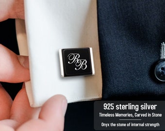 Groom or Groomsmen initial cufflinks - Cufflinks for men wedding, Customized cufflinks for men - Black and silver onyx cufflinks