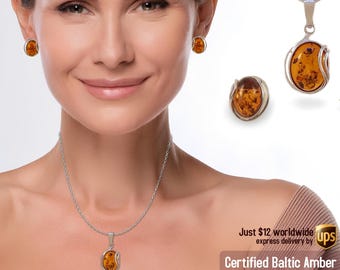 Conjunto de joyas de ámbar ovalado - Pendientes de ámbar coñac - Colgante y pendientes de ámbar - Joyas de regalo - Joyas de ámbar báltico - Joyas de ámbar en plata