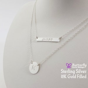 Multi layered necklaces for women - Disc Bar Layered initial necklaces - Silver Layered Necklaces - Layered Long Circle Tag Necklace