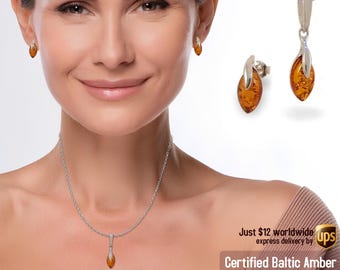 Juego de pendientes pequeños con colgante de ámbar - Juego de joyas de ámbar - Bonito colgante de ámbar - Joyería de ámbar auténtico - Joyería de regalo