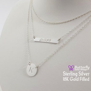 Long layered necklaces for women - Disk and Bar Necklace Set of 3 - Silver Layered Necklaces - Layered Long Circle Tag Necklace
