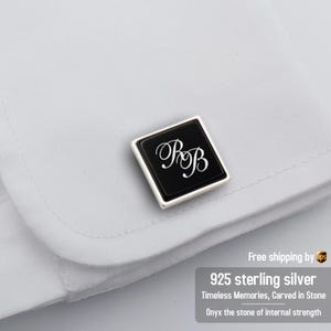 Gemelos con iniciales personalizados para hombres - Gemelos con piedra de ónix negro grabados - Regalos de aniversario, cumpleaños y boda para él, esposo y novio