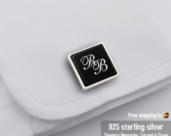 Custom initial cufflinks for Men - Engraved black onyx stone cuff links - Anniversary, Birthday, Wedding gifts for Him, Husband, Groom