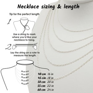 May include: Diagram showing how to measure necklace length using a string and ruler.  Necklace lengths are shown in inches and centimeters: 16 in (40 cm), 18 in (45 cm), 20 in (50 cm), 22 in (55 cm), and 24 in (60 cm).