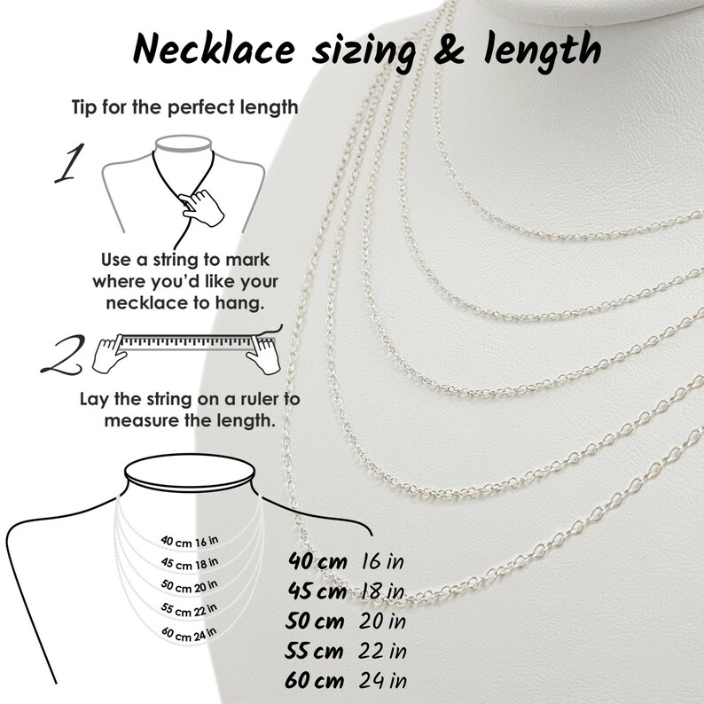 May include: Diagram showing how to measure necklace length using a string and ruler.  Necklace lengths are shown in inches and centimeters: 16 in (40 cm), 18 in (45 cm), 20 in (50 cm), 22 in (55 cm), and 24 in (60 cm).